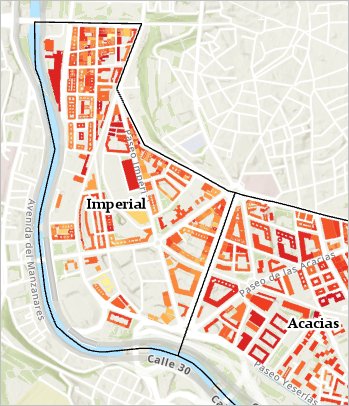 地图上的 Imperial 邻域包含红色和橙色建筑物