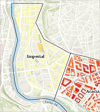 地图上的 Imperial 邻域包含黄色和橙色建筑物