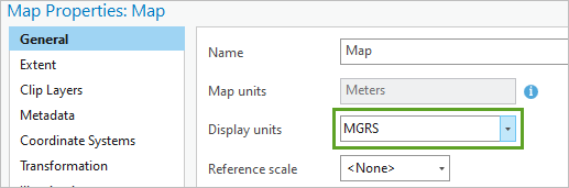 在“图层属性”窗口中将显示单位设置为 MGRS