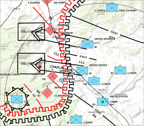 炮兵团周围的红色圆圈延伸到 223 山的外围。
