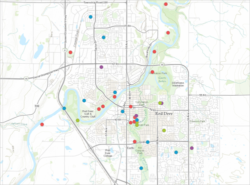 Red Deer recreation facilities 的地图