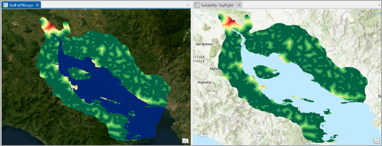 Gulf of Nicoya 和 Suitability-TopRight 地图并排显示