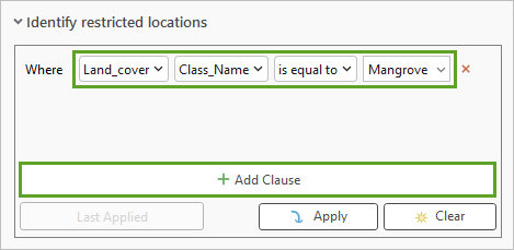 Where Land_Cover Class_Name is equal to Mangrove 子句。