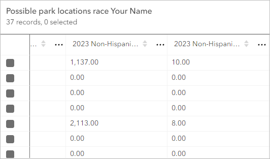 显示种族和民族变量的 Possible park locations race 图层表格