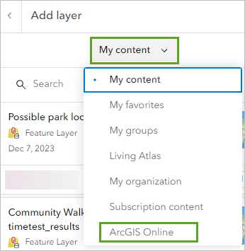 “添加图层”窗格中的 ArcGIS Online