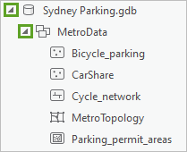 展开 Sydney Parking 地理数据库和 MetroData 要素数据集
