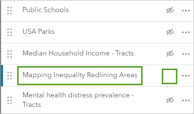 “图层”窗格中处于选中状态的 Mapping Inequality Redlining Areas 图层和“可见性”按钮