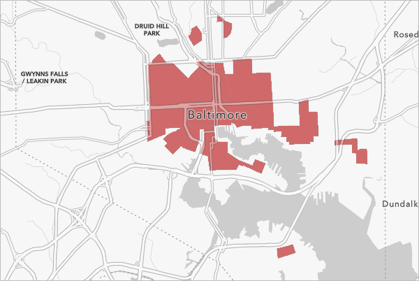 Mapping Inequality Redlining Areas 图层经过滤后仅显示评级为 D 的区域