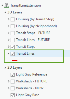 3D 图层组中的 Transit Lines 图层